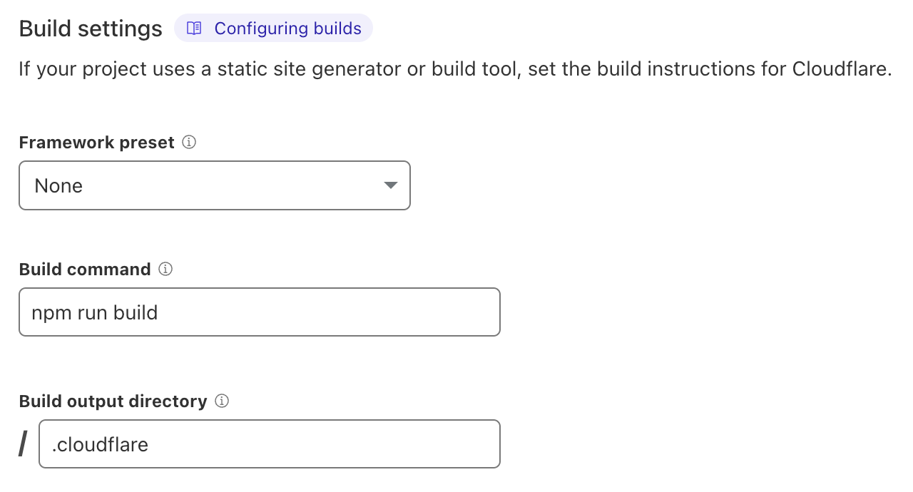 A screenshot of the Cloudflare Build Settings UI. Set the Framework Preset field to "None", set the build command to "npm run build", and the build output directory to ".cloudflare".